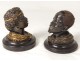 Pair black bronze inkwells characters heads marble inkwell negroes XIX