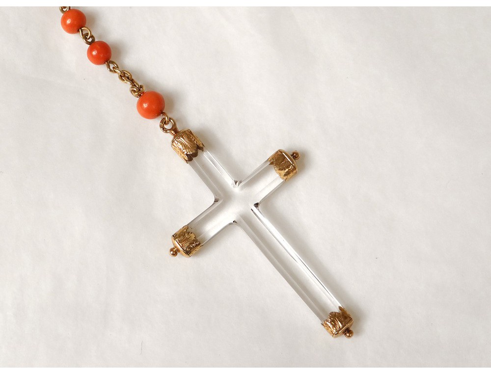 Ancien Pendentif Croix En Or 18 Carats Et Corail - Tête D'aigle - 5,5 Cm