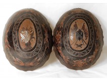 2 half coconut carved gourds convict labor Guiana Cayenne XIX