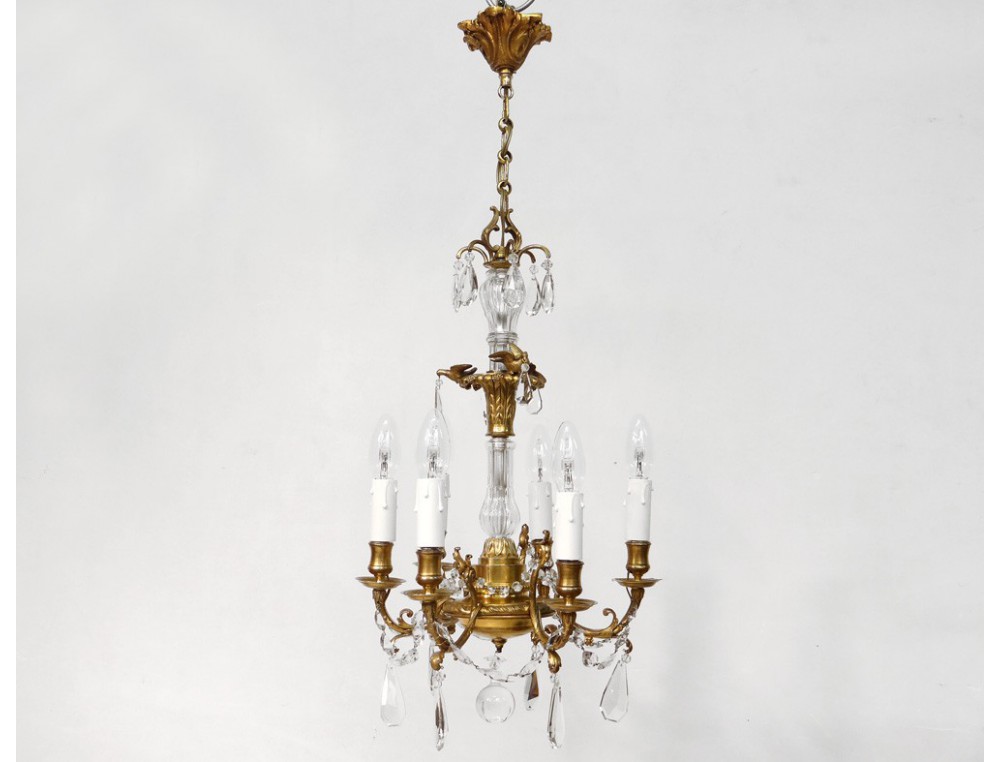 Chandelier 6 Lights Gilt Bronze Cut Crystal Pendants Birds