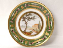 Paris porcelain plate river landscape characters nineteenth gilding Empire