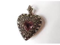 Heart pendant jewelry marcasite silver vermeil amethyst twentieth century