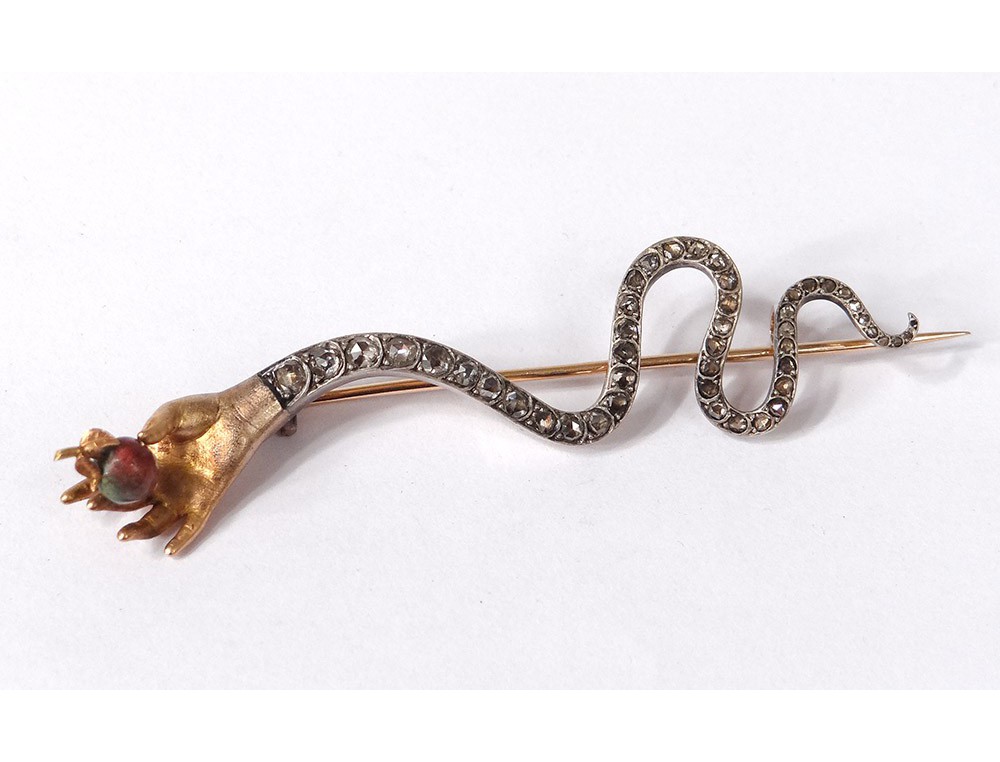 Broche Ancienne Plaquée Or 18k 750 - Style Art Déco / Nouveau - Motif Serpent