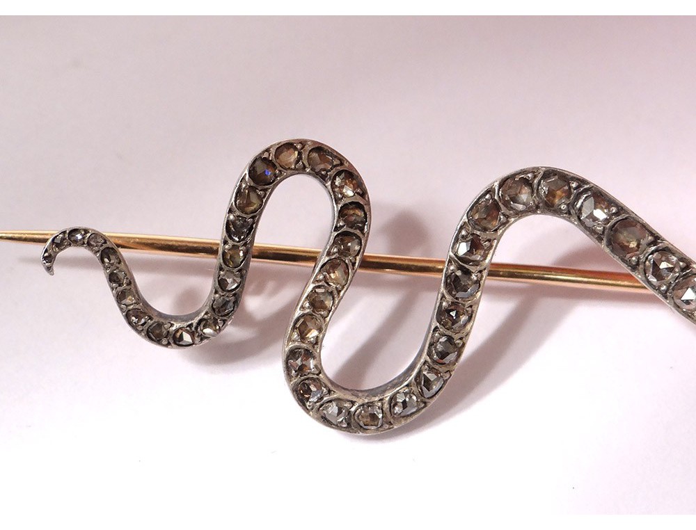 Broche Ancienne Rare Serpent Avec Turquoise Et Cheveux - Or Rose 18 Carats XIXème Siècle