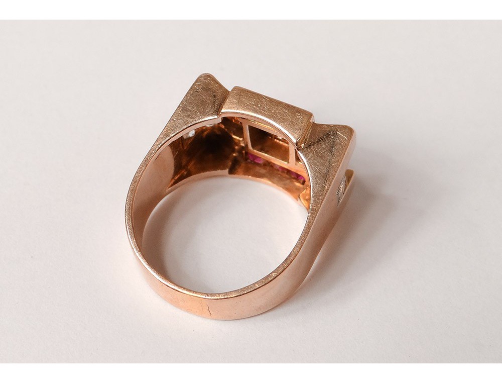 Bague Vintage Tank En Or 18 Carats Avec Diamant - Taille 55 - Années 50