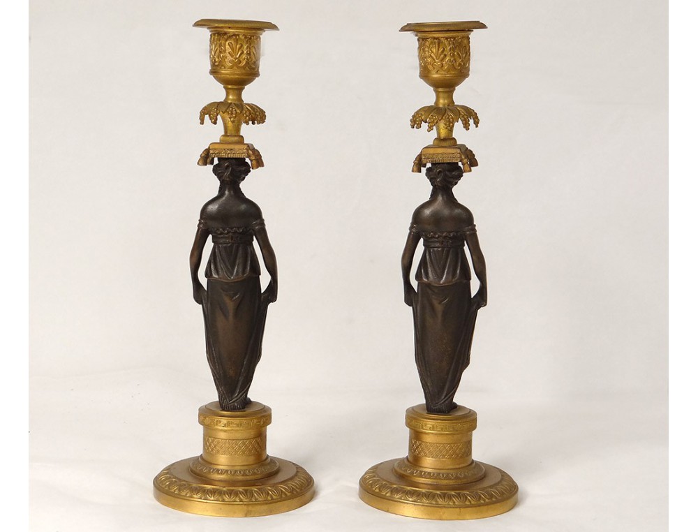 bronze candlesticks pair woman antique candlesticks Empire caryatids