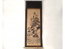 Estampe japonaise rouleau paysage montagne héron tortues vagues signée XIXè
