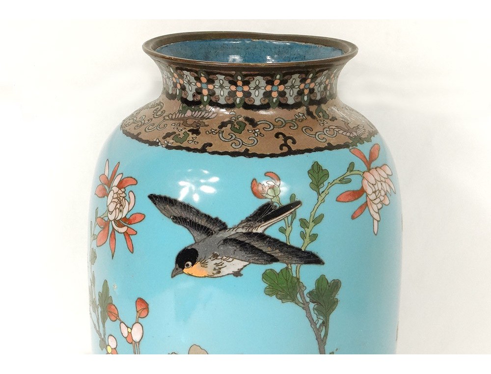 Vase Émaux Cloisonnés Chinois Décor Chrysanthème Oiseaux - H. 23,5 Cmm