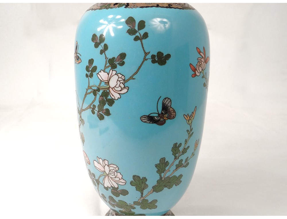 VASE CHINOIS EN cloisonné émaillé a décor de fleurs - 26 cm EUR 50,00