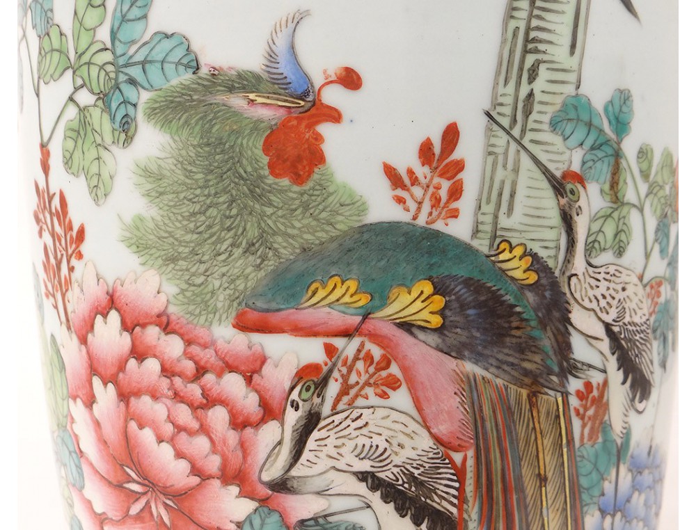 Grand vase chinois en porcelaine – 42 cm – Décor oiseaux & raisins - Antiquités