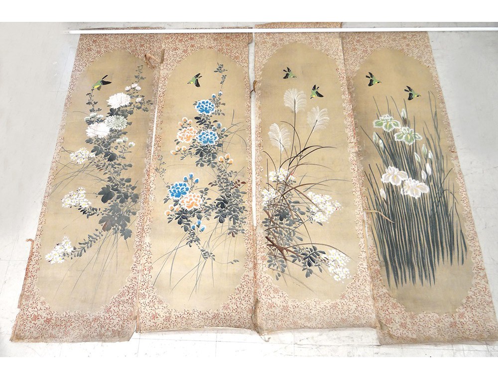 4 Rouleaux Peintures Sur Tissu Japonaises Fleurs Oiseaux Japon Signes Xixe