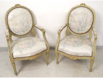 Louis XVI armchairs pair to Queen lacquered wood medallion back XVIII