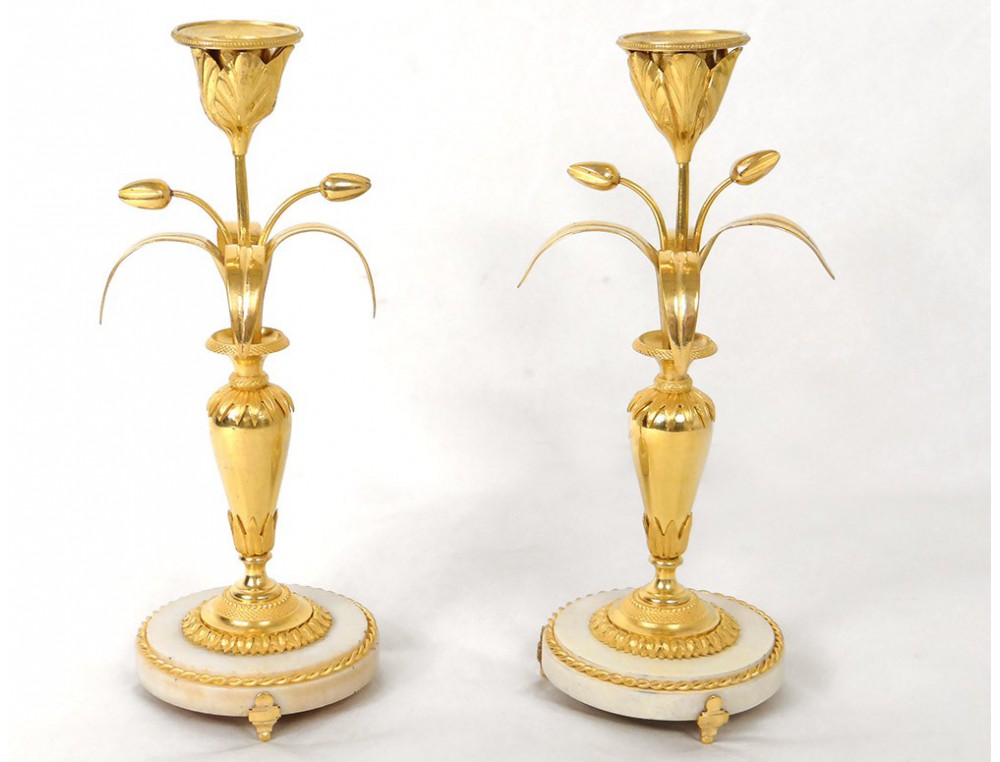 candlesticks Pair of Louis XVI gilt bronze marble white flower vases XVIII