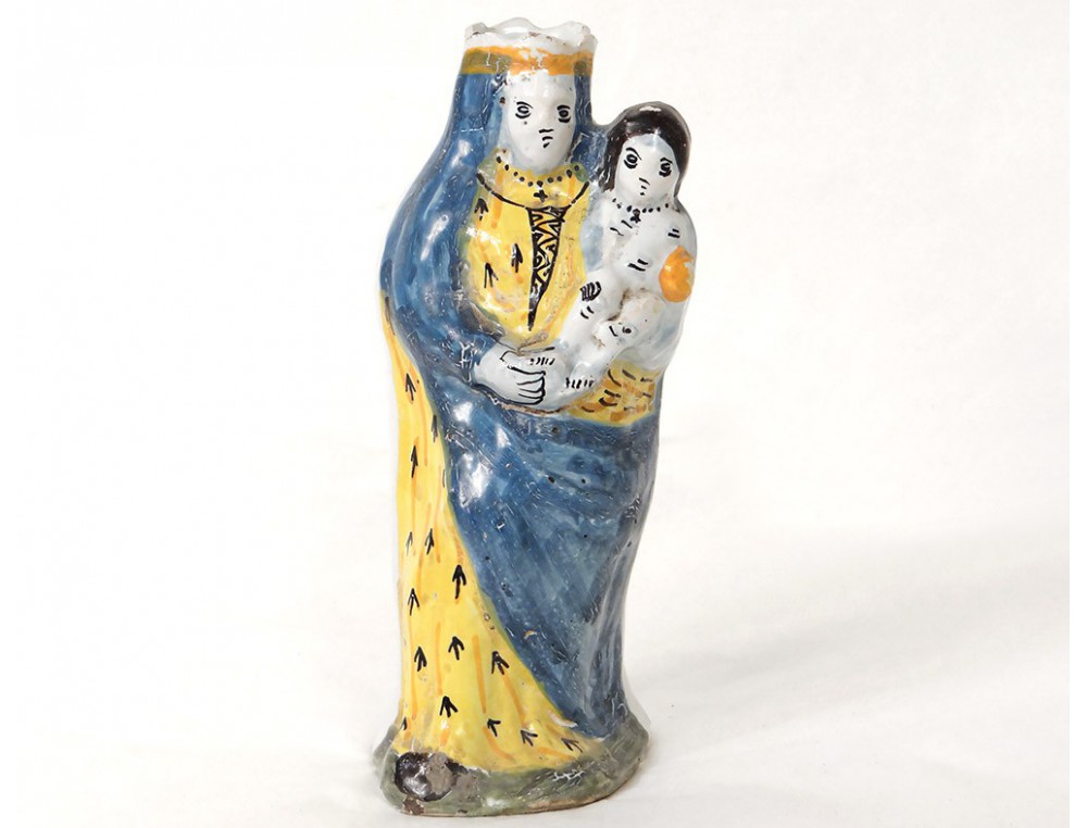 Statuette Vierge Couronnée à L'Enfant Jésus - XIXe Siècle - Biscuit Et Porcelaine - Occasion