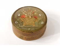 Small golden cardboard round box antique floral basket french box nineteenth century