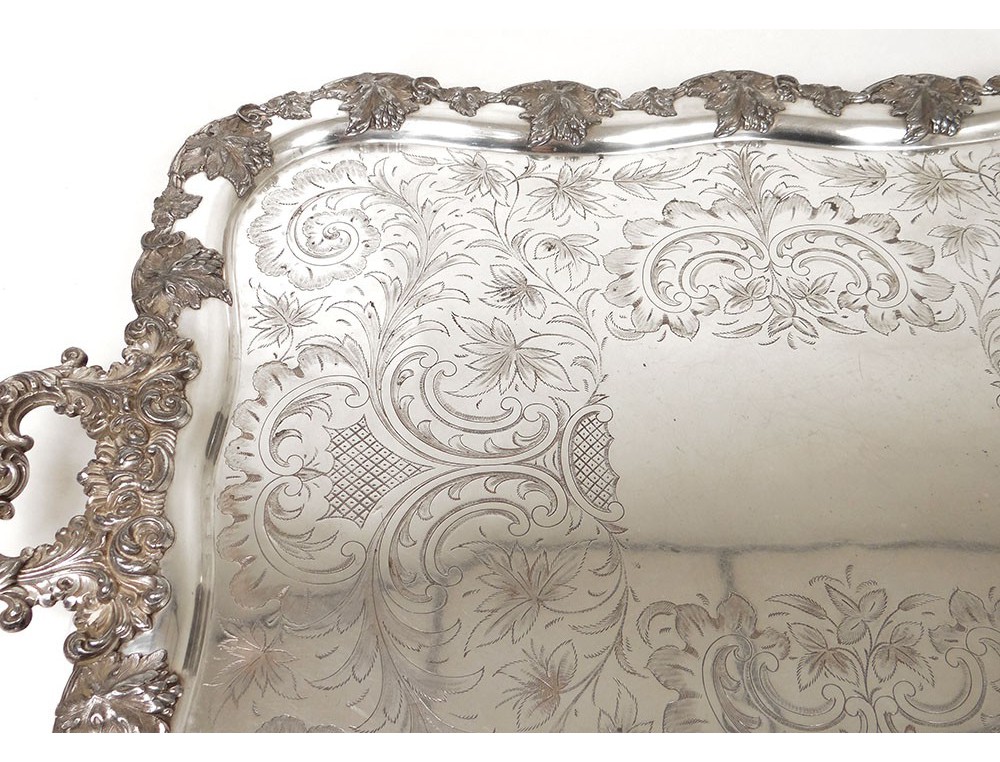 Grand Plateau Art Nouveau Sheffield En Métal Argenté - Début XXe, Motif Végétal