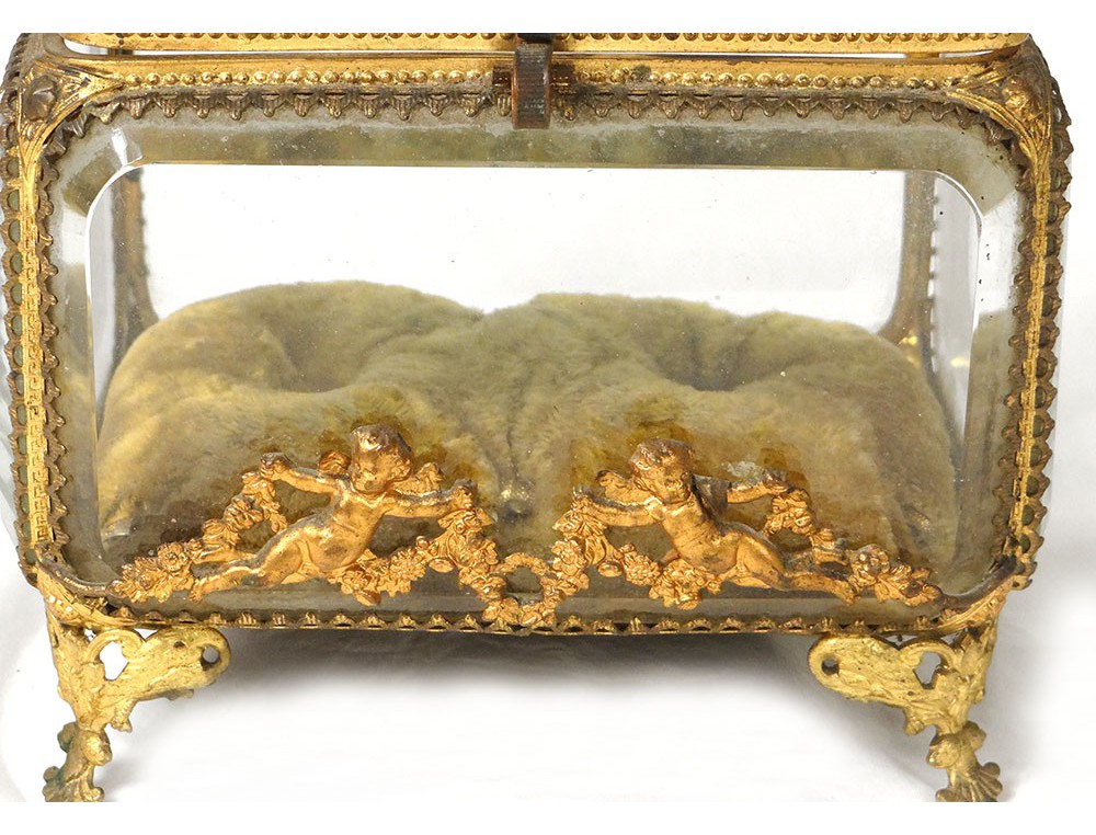 Coffret boîte bijoux verre laiton doré angelots Napoléon III XIXème siècle