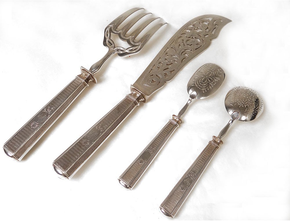 Lot De 3 Couverts De Service – Manches Argent Fourré, Motifs Poisson Et Salade, #1503