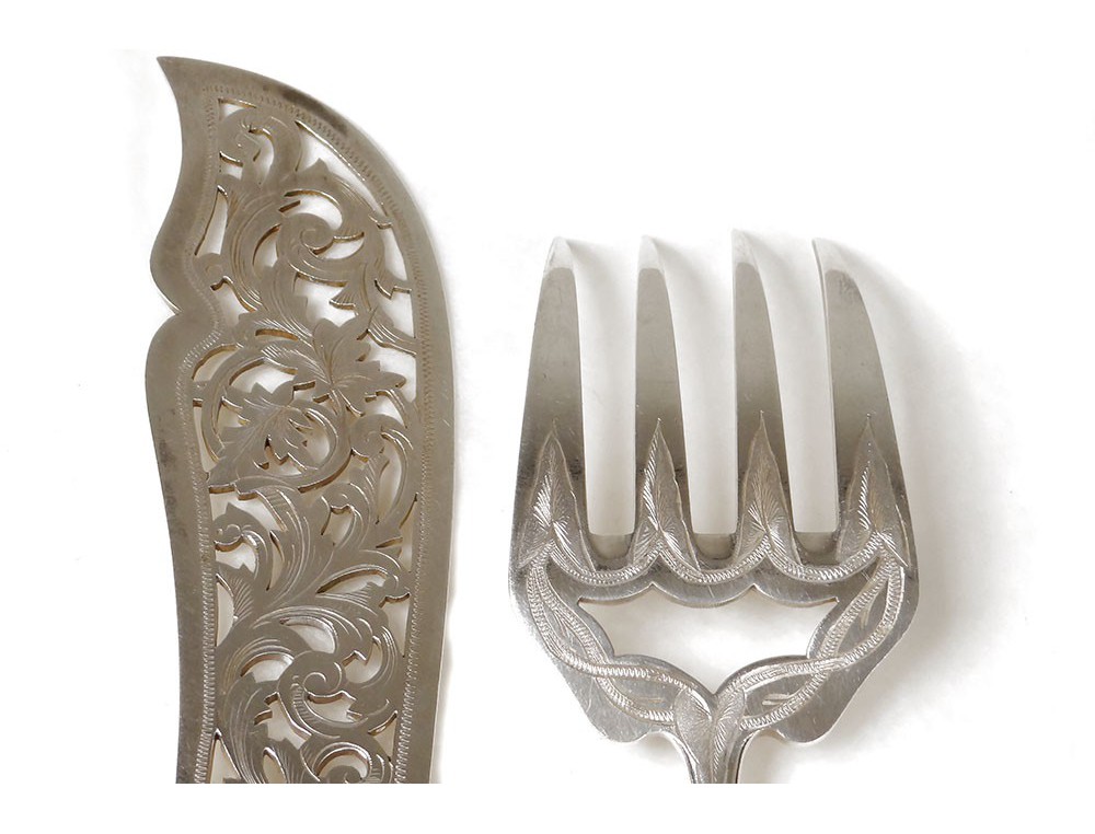 Lot De 3 Couverts De Service – Manches Argent Fourré, Motifs Poisson Et Salade, #1503