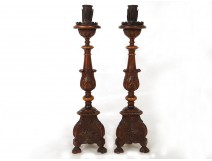 Pair picnic candles carved wooden candlesticks flowers lions paws nineteenth