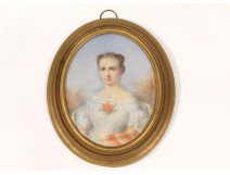 painted oval miniature portrait flowers young woman signed Widow Lallemand 19th