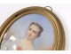 painted oval miniature portrait flowers young woman signed Widow Lallemand 19th