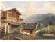 Gouache mountain landscape cottage fountain landscape painting XIX century