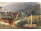 Gouache mountain landscape cottage fountain landscape painting XIX century