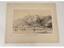 chalk drawing view castle Stolzenfels Rhine Germany chapel nineteenth landscape