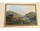 Gouache landscape Germany Rhine characters castle nineteenth century characters