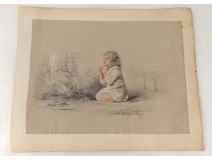 pencil drawing chalk child religious bucolic landscape nineteenth century