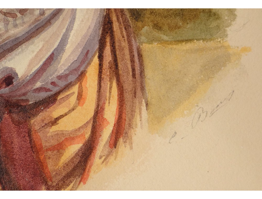 Dessin Portrait Orientaliste - Femme, Enfant Et Palmier, Maghreb Années 1950, à Identifier