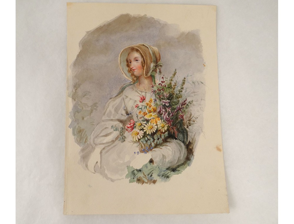 Aquarelle portrait bouquet fleurs coiffe robe XIXème siècle