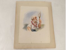 Watercolor portrait old man scarf fork nineteenth century