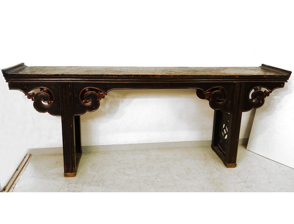 Large Black Lacquered Carved Wood Console Chinese Red Flowers Large Black Lacquered Carved Wood