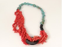 turquoise red coral necklace and contemporary glass beads