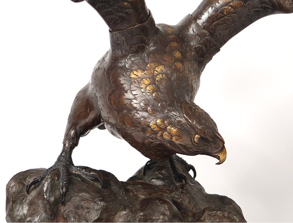large bronze sculpture eagle wings Edo Japan signed XIXth