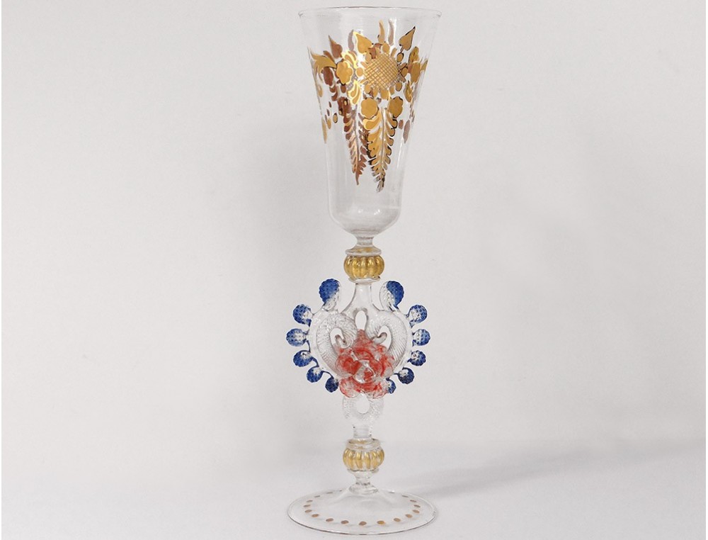 Wine glass glassware Murano Venice Italy gilt flowers century