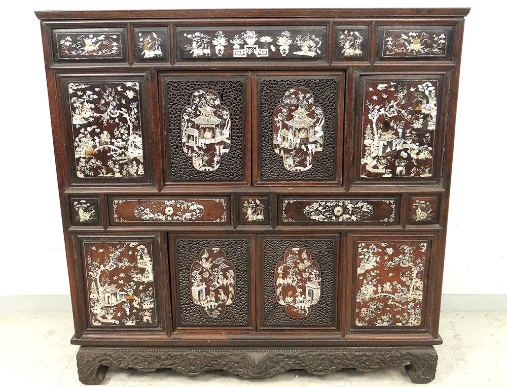 carved wooden office furniture pearl Indochina Vietnam characters