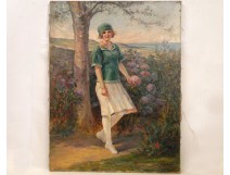 HST Painting Young woman with hat Belle Epoque by DOUMENQ 20th