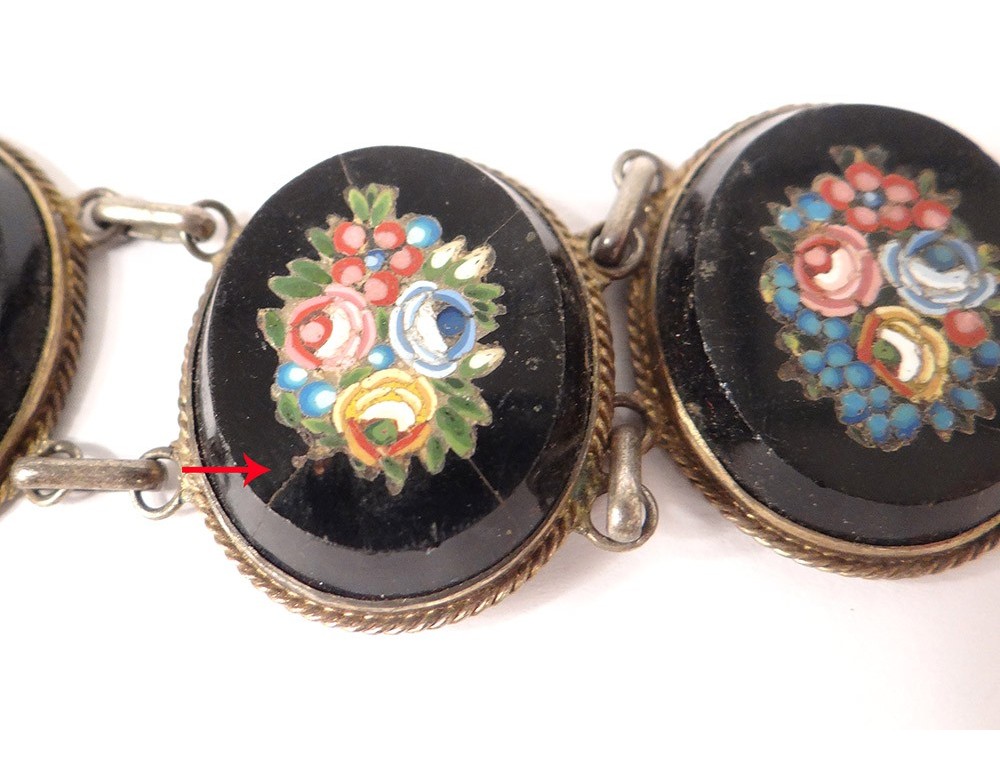 Bracelet Ancien Médaillon Micro Mosaïque Peint Main - Onyx Et Argent - Occasion