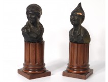 Pair earth sculptures terracotta busts characters woman nineteenth century boy