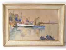 Watercolor gouache marine harbor Douarnenez boats characters twentieth Britain