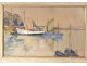 Watercolor gouache marine harbor Douarnenez boats characters twentieth Britain