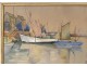 Watercolor gouache marine harbor Douarnenez boats characters twentieth Britain