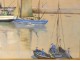 Watercolor gouache marine harbor Douarnenez boats characters twentieth Britain