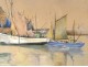 Watercolor gouache marine harbor Douarnenez boats characters twentieth Britain