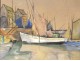 Watercolor gouache marine harbor Douarnenez boats characters twentieth Britain