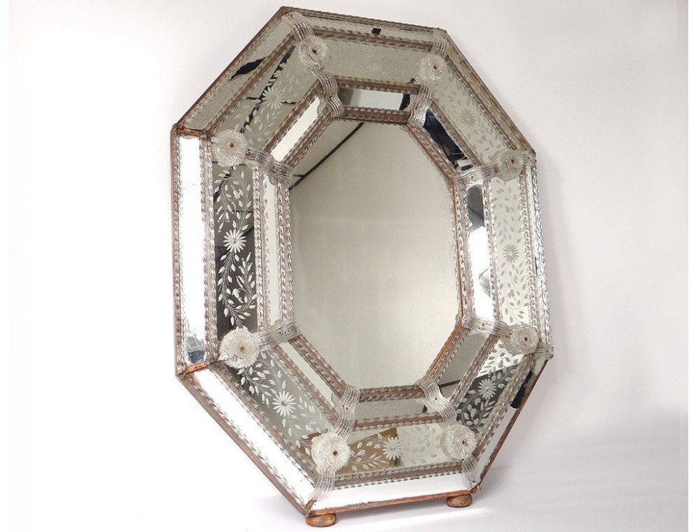 Parecloses Octagonal Mirror Venice Italy Murano Glass Flowers Ice
