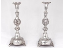 Russian pair candlesticks torches solid silver Minsk vine silver 623gr Nineteenth